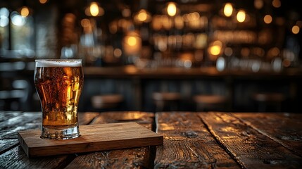 Cozy country style bar backdrop featuring a wooden table board in the foreground with a blurred interior and warm inviting lighting creating a relaxed rustic atmosphere