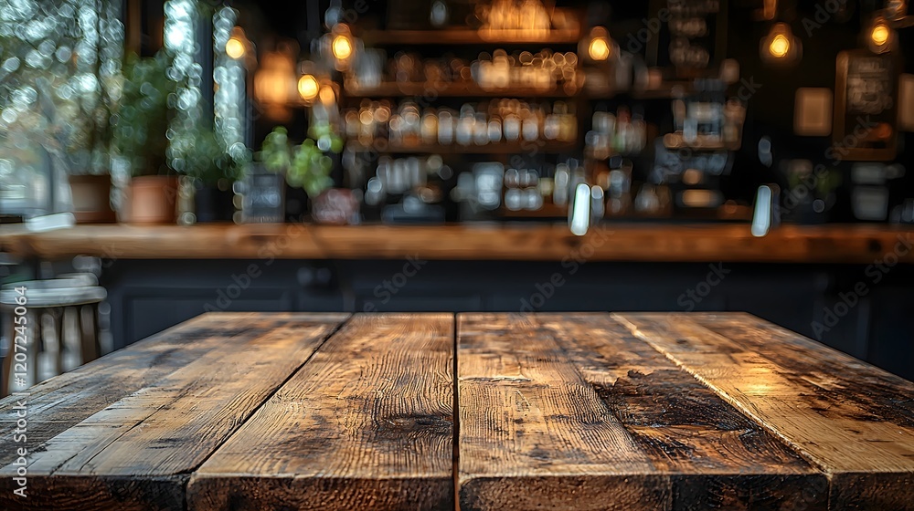 Poster cozy country style bar interior featuring a wooden table board in the foreground with a blurred back