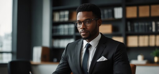 Fototapeta premium A confident Black professional in a modern office, typing legal documents and researching law procedures for a startup’s corporate case