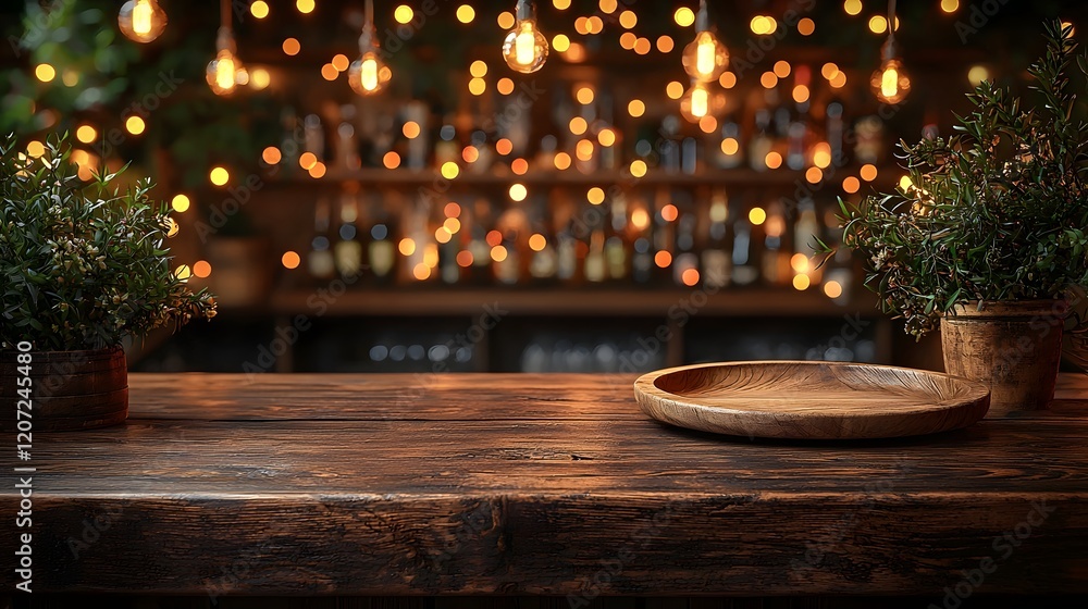 Leinwandbilder cozy countryside bar setting with a rustic wooden plate in the foreground illuminated by warm festiv
