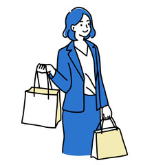 Minimalist duotone illustration of an elegant woman in blue suit holding shopping bags. Simple kawaii line art.