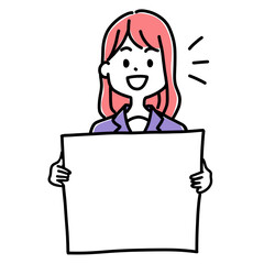 Minimalist duotone illustration of office woman smiling and holding a blank message board. Simple kawaii line art.