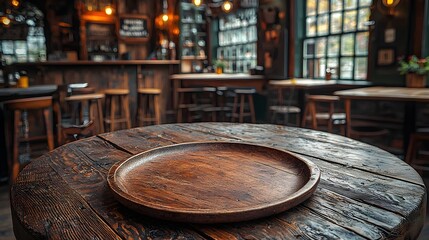 Fototapeta premium Cozy Countryside Bar with Rustic Wooden Furniture Vintage Lighting and Warm Inviting Atmosphere