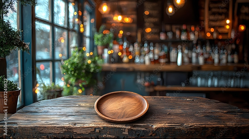 Aufkleber cozy countryside tavern setting with a rustic wooden table a plate in the foreground and dreamy warm
