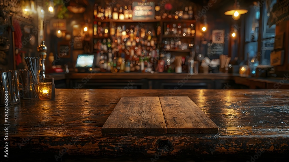 Poster cozy rustic bar featuring wooden table board in foreground and blurred vintage lighting and elements