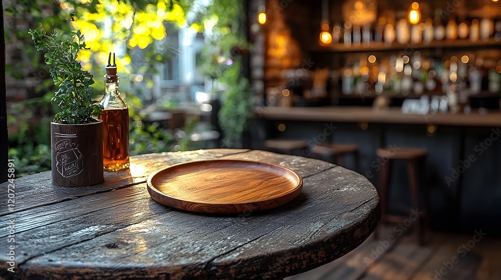 Leinwandbilder cozy countryside rustic bar featuring a natural wooden plate on a weathered table illuminated by gol