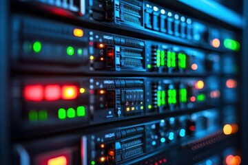 Fototapeta premium High-Resolution Close-Up of Modern Server Rack Displaying Colorful LED Indicators in Data Center with Advanced Technology and Equipment for Networking Solutions