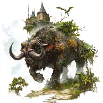 Catoblepas Defends Poisoned Swamp Fortress Dark Fantasy Scene Swamp Environment Mythical Creatures Adventure Concept