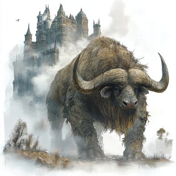 Catoblepas Guards a Poisoned Swamp Fortress Fantasy Realm Digital Art Mystical Setting Low Angle Mythical Creature