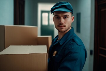 Delivery person carries boxes through a corridor in a bustling urban environment