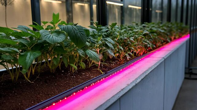 Indoor greenhouse with LED lighting showcasing vibrant plant growth in a controlled environment