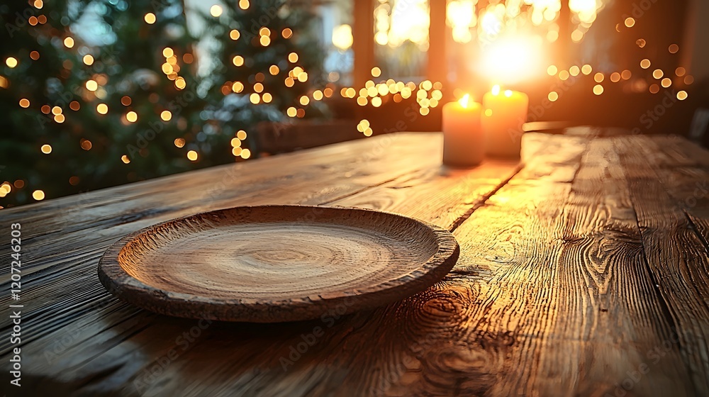 Poster Cozy rustic wooden table with a natural plate in the foreground surrounded by a soft and dreamy bokeh glow in a serene forest environment
