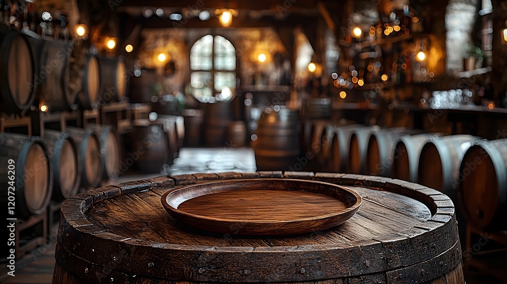 Poster cozy wooden plate placed on a detailed rustic table in a countryside bar or pub surrounded by barrel