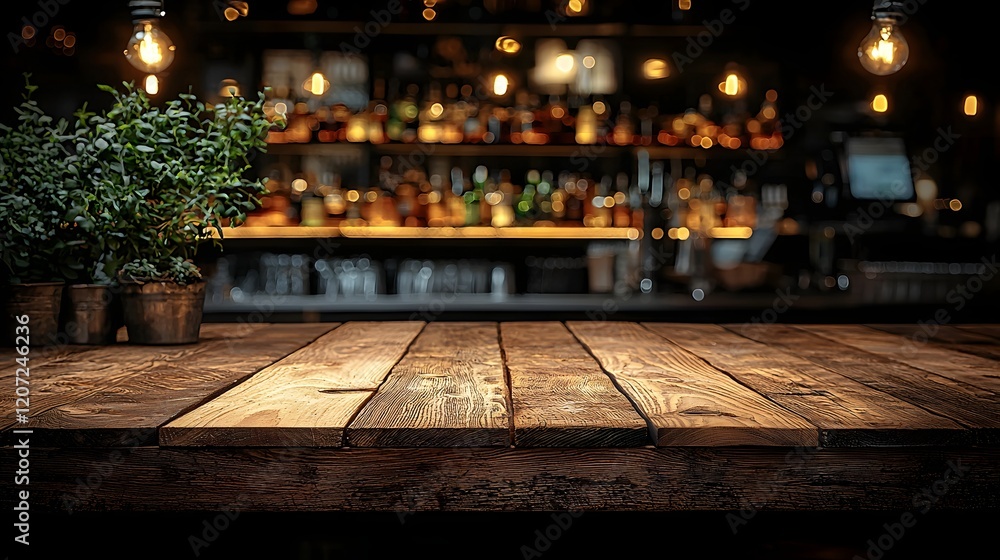 Aufkleber cozy wooden table board in the foreground with a blurred rustic bar background featuring warm glowin