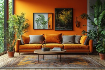 Naklejka premium Warm living room with an orange wall featuring stylish decor and furniture