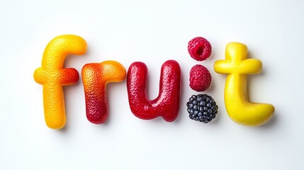 Variety of fruits, including oranges, raspberries, and blackberries, arranged in a way that spells out the word "fruit." The fruits are scattered throughout the image, with some placed closer to the