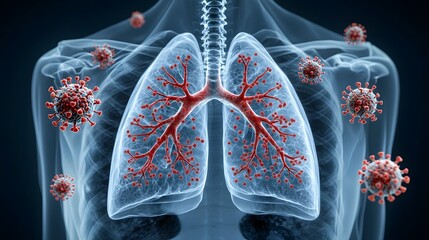 Detailed medical X ray image of human lungs highlighting the red blood vessels and airborne clusters of red virus particles indicating a viral infection or disease within the respiratory system