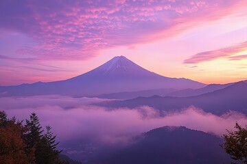 Fototapeta premium Majestic snow-capped mountain against vibrant sunset sky over serene landscape in early evening. Beautiful simple AI generated image