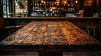 Detailed rustic wooden table board in the foreground set against a warm cozy countryside bar interior with a vintage aesthetic and inviting ambiance