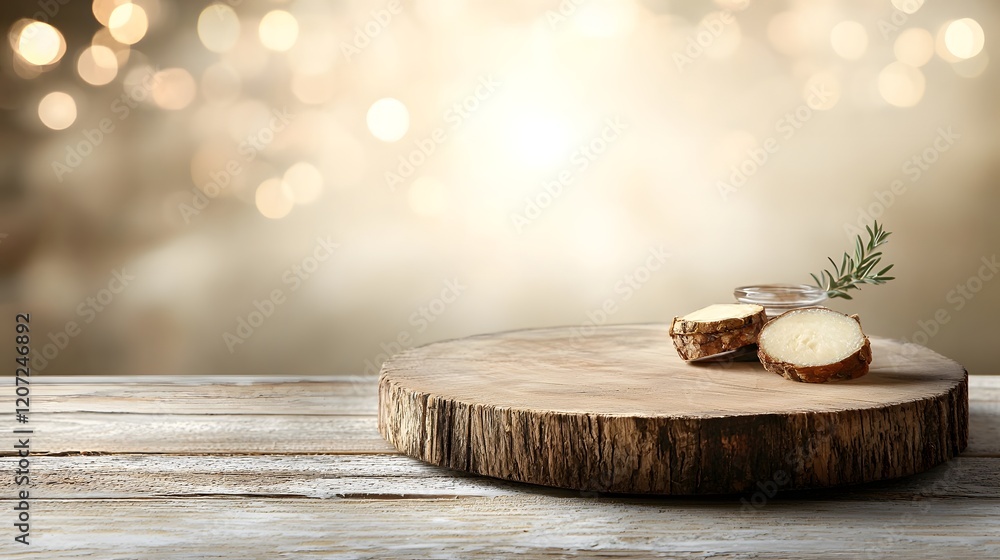 Poster detailed side view of a rustic wooden plate used as a background enhanced by a warm bokeh glow creat
