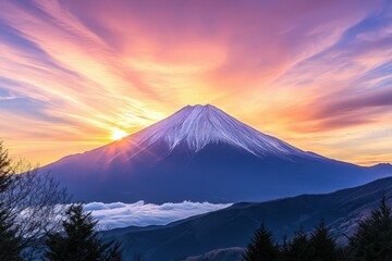 Fototapeta premium Majestic snow-capped mountain against vibrant sunset sky over serene landscape in early evening. Beautiful simple AI generated image