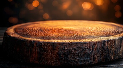 Obraz premium Detailed side view of a rustic weathered wooden plate used as a natural and cozy background enhanced by a warm soft bokeh glow for a serene and inviting atmosphere