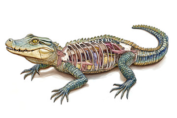 Naklejka premium Anatomically detailed illustration of a crocodile showcasing internal organs and skeletal structure