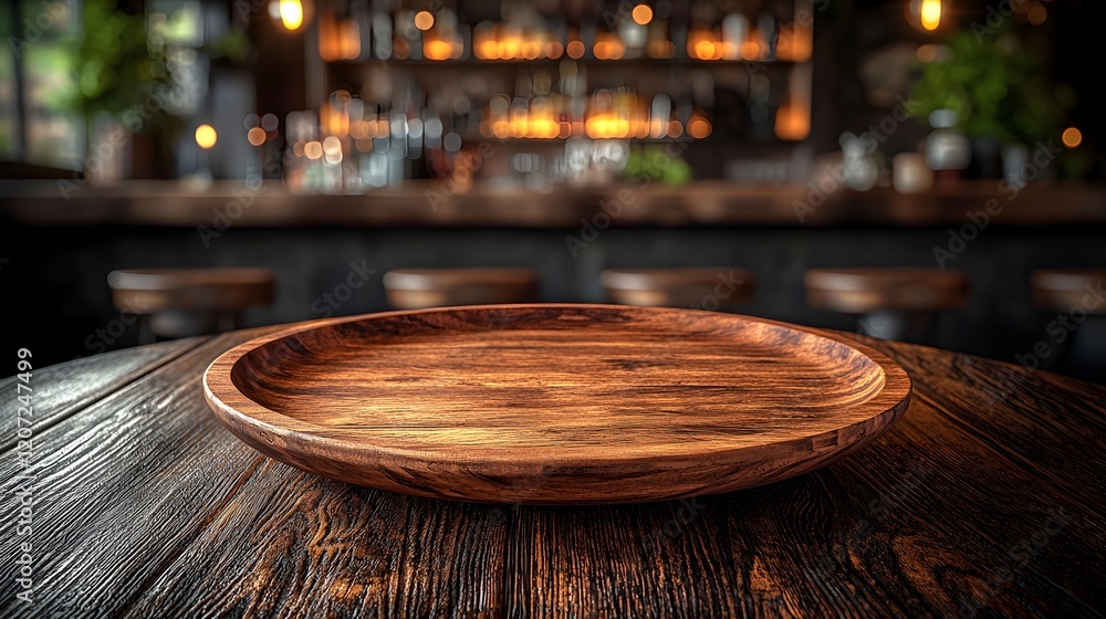 Poster detailed wooden plate placed on a rustic table in the foreground surrounded by warm and soft bokeh l