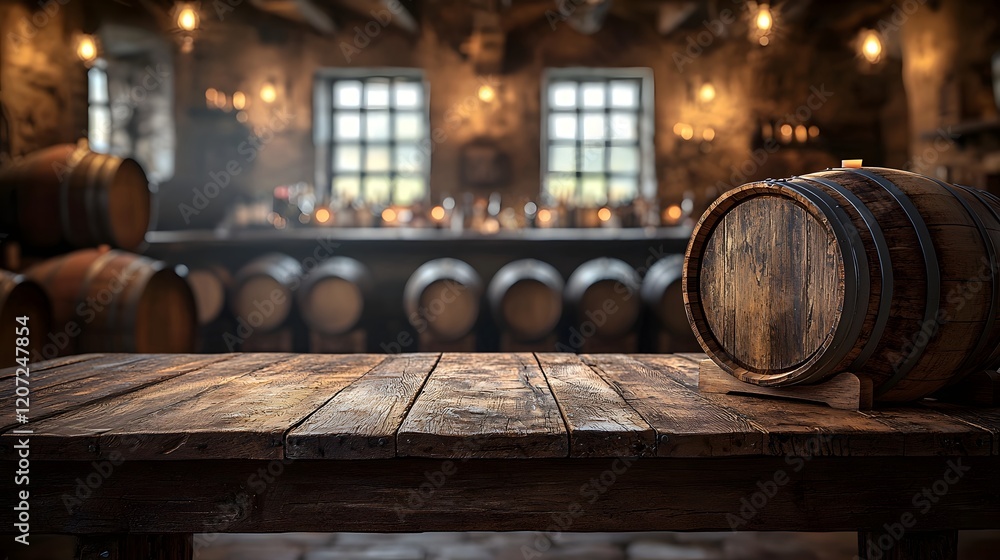 Poster Detailed wooden table in the foreground with a rustic countryside bar background featuring barrels and soft lighting creating a cozy inviting atmosphere