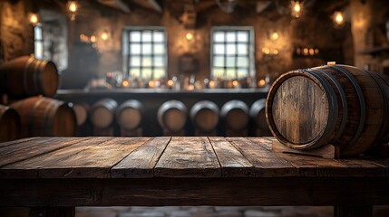 Detailed wooden table in the foreground with a rustic countryside bar background featuring barrels and soft lighting creating a cozy inviting atmosphere