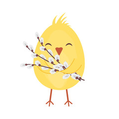 Easter yellow chick with branches of fluffy willow. Chick isolated on transparent and white background. Close-up element for holiday design decoration. Vector illustration. Willow bouquet.
