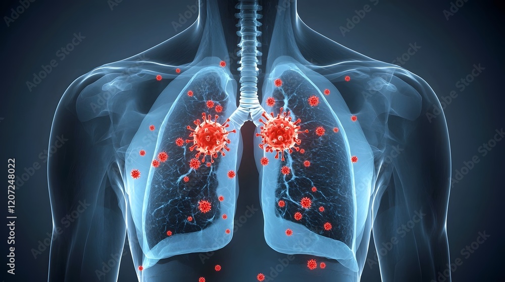 Poster detailed x ray scan image showing widespread viral infection in human lungs and chest with bright re