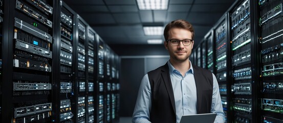Fototapeta premium A CTO in a modern data center, holding a laptop while activating advanced cloud processing systems