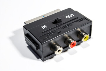 plastic adapter SCART plug - 3RCA with input-output switch on a white background