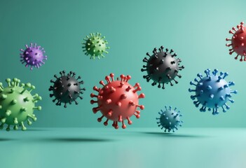 Nine colorful 3D virus models on a green surface