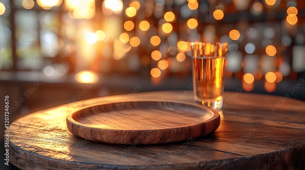Poster dreamy countryside bar setting with a weathered wooden plate resting on a rustic tabletop surrounded