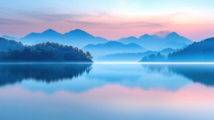 Serene Sunrise Landscape: Misty Mountains Mirrored in a Tranquil Lake