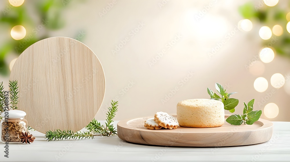 Poster elegant and minimalist food photography backdrop with wooden plate and soft glowing bokeh effect for
