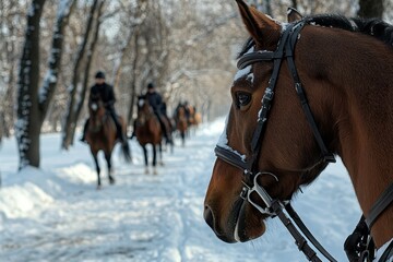 Obraz premium A beautiful darkly-bay horse trots on deep snow. Beautiful simple AI generated image