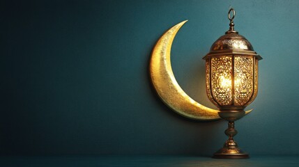 Illuminated lantern and crescent moon on teal background.
