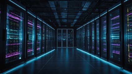 A dark, high-tech data technology center filled with glowing server racks, symbolizing the Internet of Things
