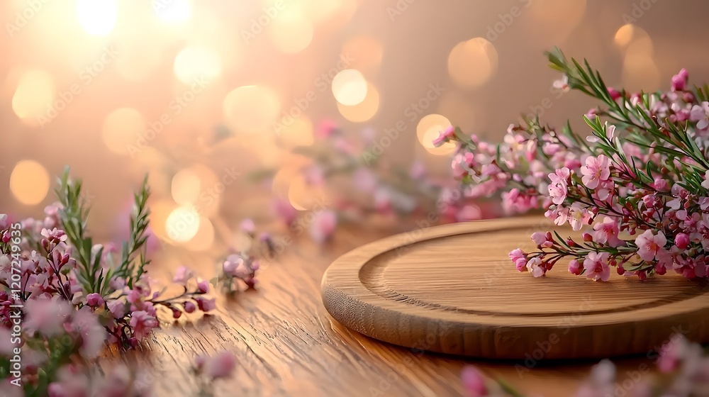 Poster Elegant wooden plate on a beautiful floral backdrop with a soft glowing bokeh effect creating a warm and serene atmosphere for food photography or product display