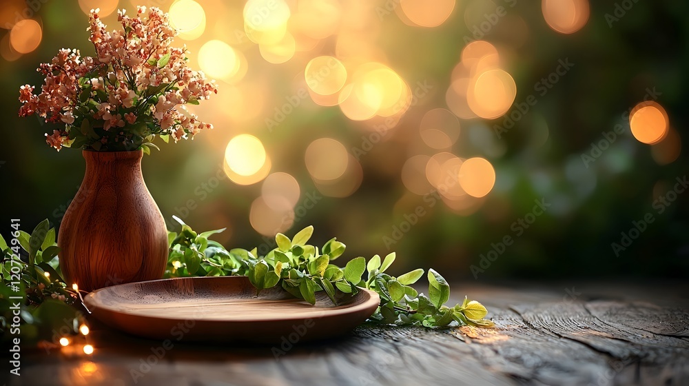 Poster elegant wooden plate set against a nature inspired backdrop with a soft glowing bokeh effect creatin