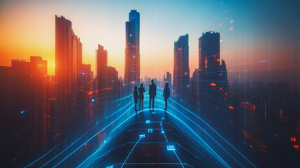 Fototapeta premium abstract professional business team people connection of line from nail node to node on Smart digital cityscap and skyline background , Innovation networking concept