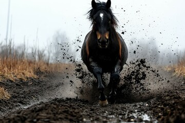 Black friesian horse with the mane flutters on wind running on the snow-covered field in the winter background. Beautiful simple AI generated image