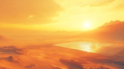 Obraz premium Golden desert sunset with sun reflecting on water