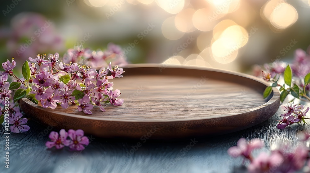 Poster Elegant wooden plate set on a warm glowing backdrop with a soft bokeh effect creating a serene and inviting environment for food photography and product styling