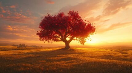 Fototapeta premium A majestic tree with heart-shaped leaves glowing in shades of red, surrounded by a golden field under a radiant sunset
