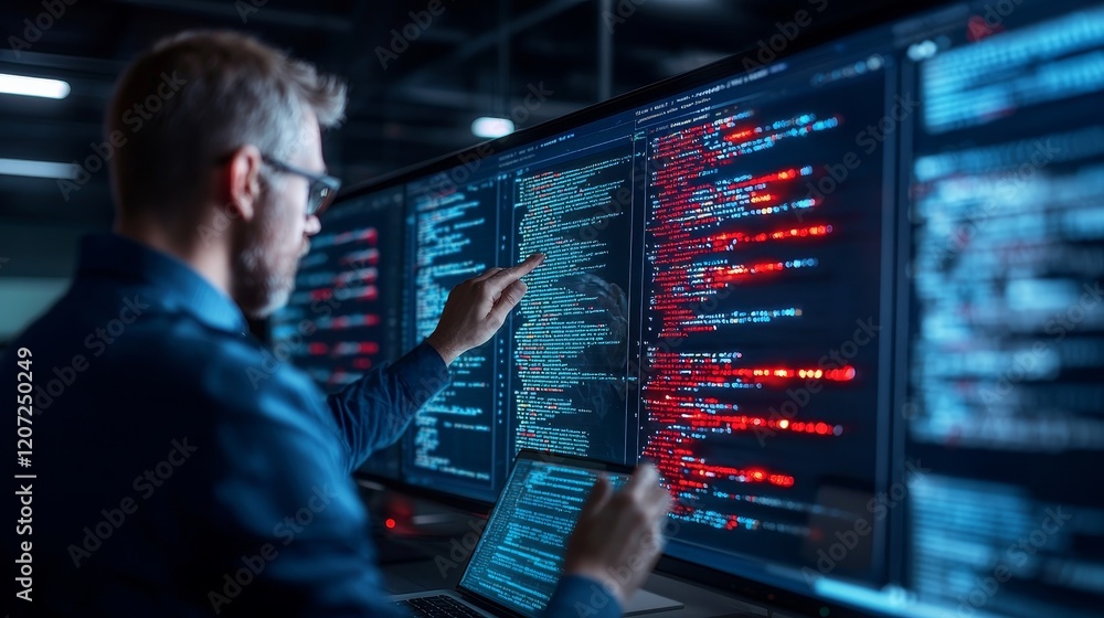 Poster female e-business entrepreneur and male it specialist converse while using laptops in a big data cen