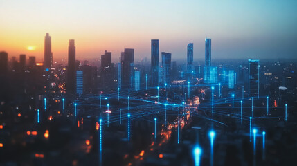 Fototapeta premium abstract professional business team people connection of line from nail node to node on Smart digital cityscap and skyline background , Innovation networking concept